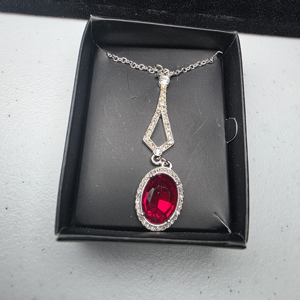 Avon Silver-Tone Necklace with Deep Red Oval Crystal